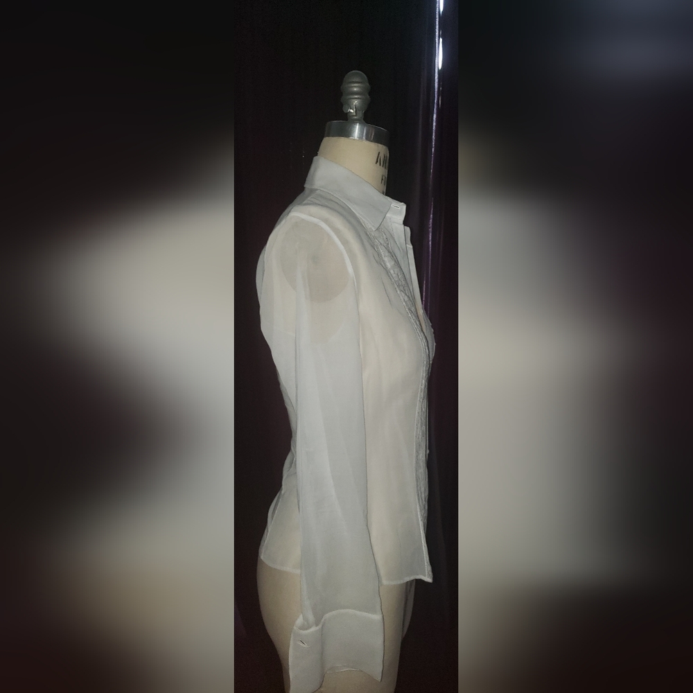 Elie Tahari white 100% cotton semi sheer fitted tailored ruffle blouse top M - Picture 6 of 9